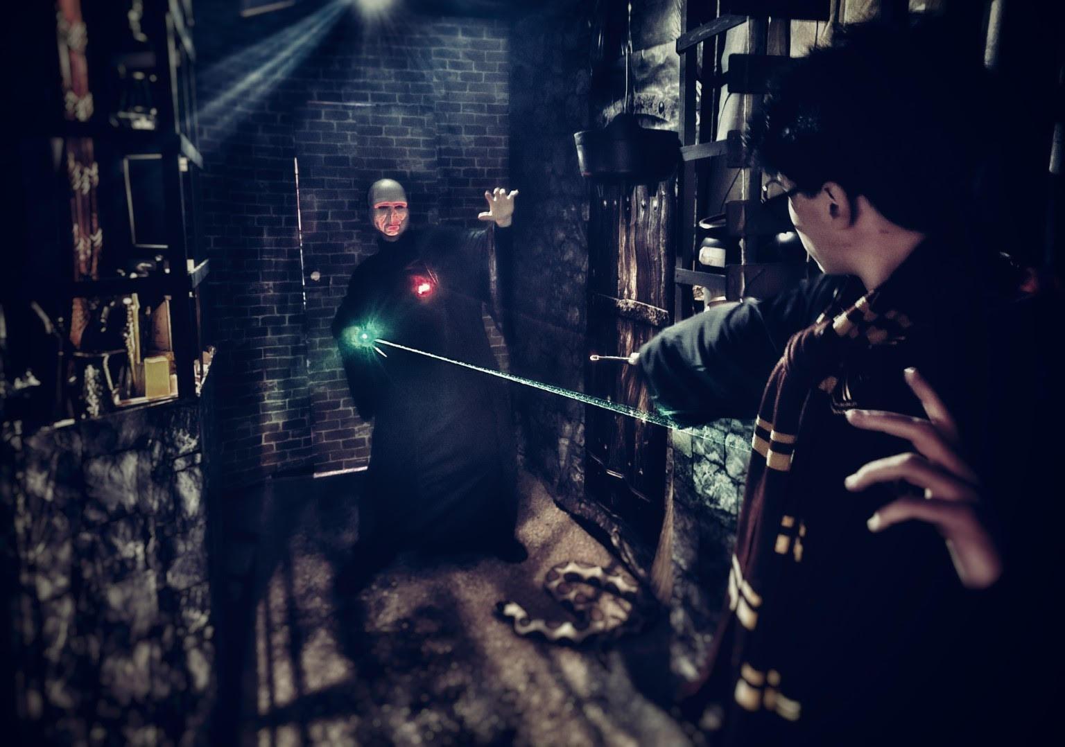 Two figures locked in a duel of dark wizardry